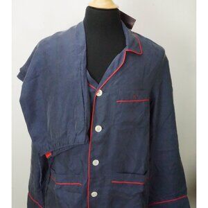 Isaia Blue Geometric Red Piping 100% Silk 2 Pc Sleeping Set Pajamas Sz M NEW